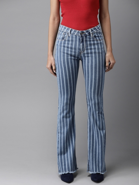 

Moda Rapido Women Blue Striped Mid-Rise Clean Look Bootcut Stretchable Jeans