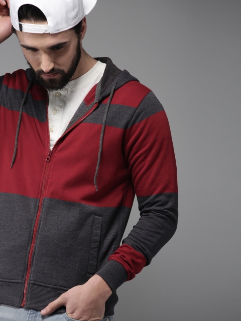 

HERE&NOW Men Maroon & Charcoal Grey Colourblocked Hooded Sweatshirt
