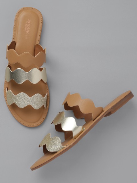 

Anouk Women Gold-Toned & Beige Embellished Open Toe Flats