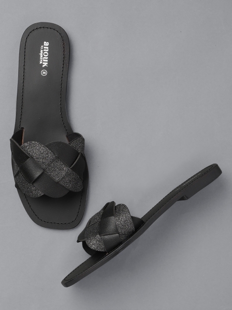 

Anouk Women Black Woven Design Open Toe Flats