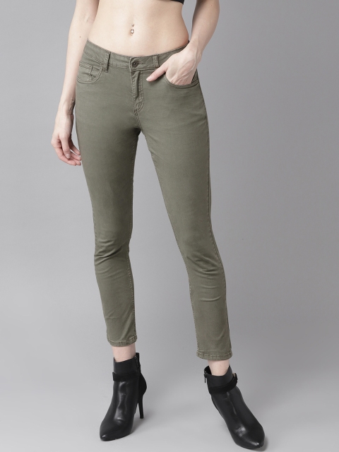 

Roadster Women Olive Green Skinny Fit Mid-Rise Clean Look Stretchable Cropped Jeans