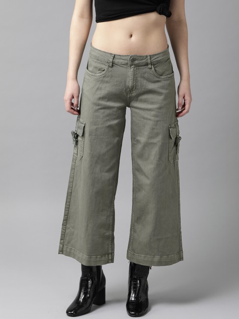 

Roadster Women Olive Green Regular Fit Solid Cargos