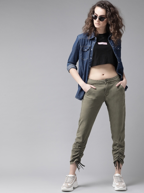 

Roadster Women Olive Green Regular Fit Solid Cropped Trousers