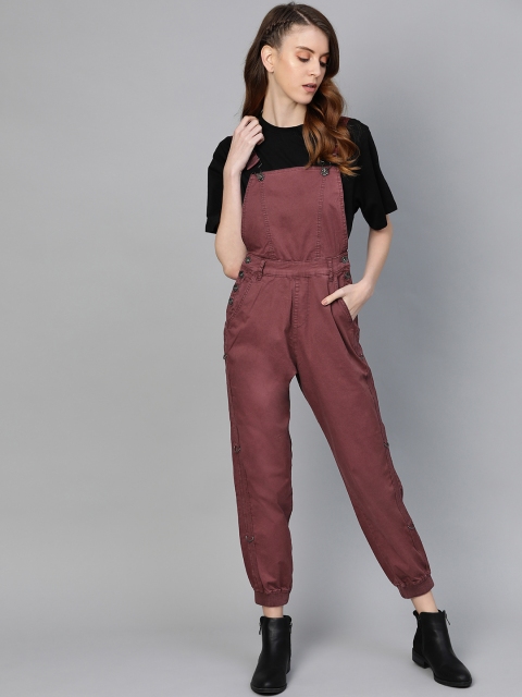 Women Burgundy Solid Sustainable Jogger Dungarees