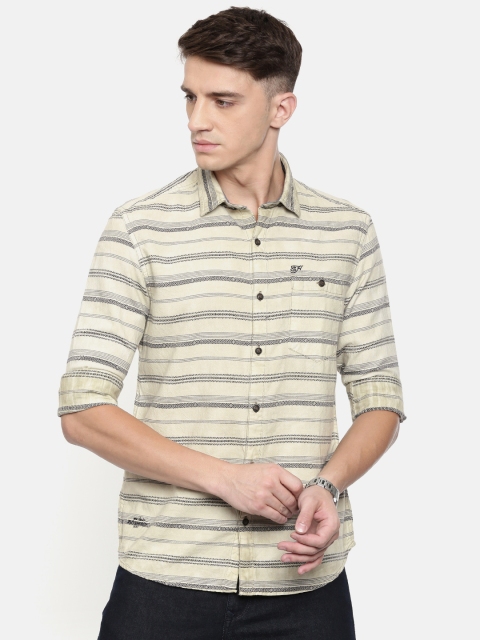 

Ed Hardy Men Beige & Navy Blue Slim Fit Striped Casual Shirt