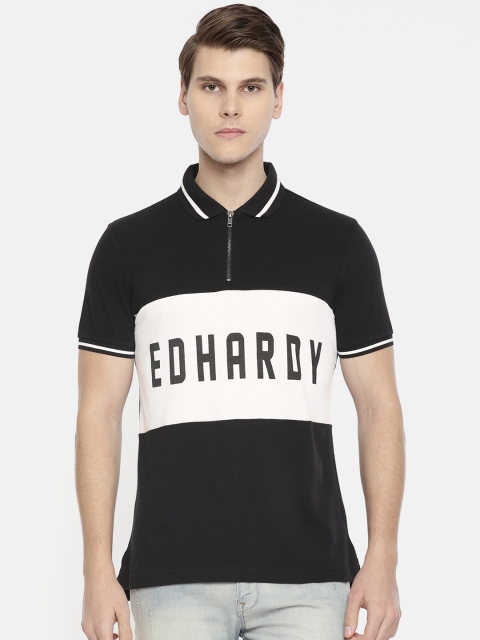 

Ed Hardy Men Black White Printed Polo Collar Pure Cotton T-shirt