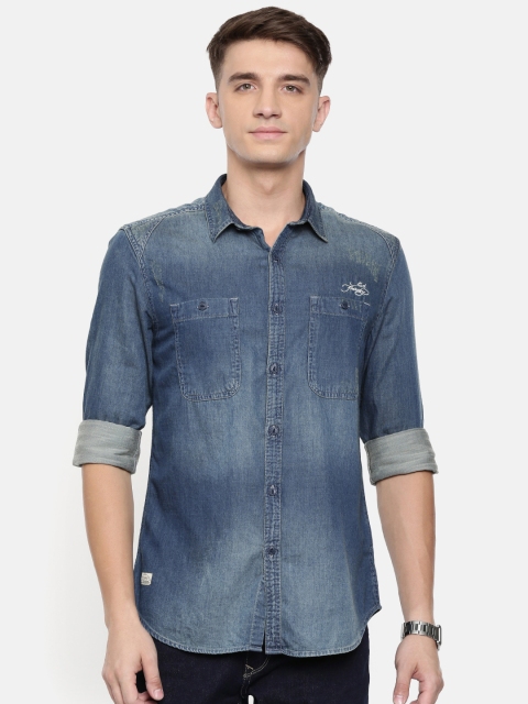 

Ed Hardy Men Navy Blue Slim Fit Faded Casual Chambray Shirt