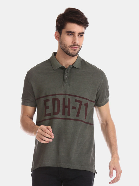 

Ed Hardy Men Olive Green Printed Polo Collar T-shirt