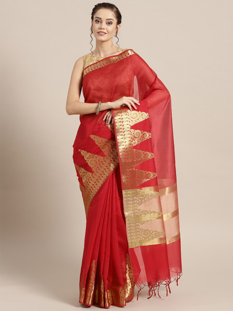 

Chhabra 555 Women Red & Golden Solid Handloom Banarasi Saree