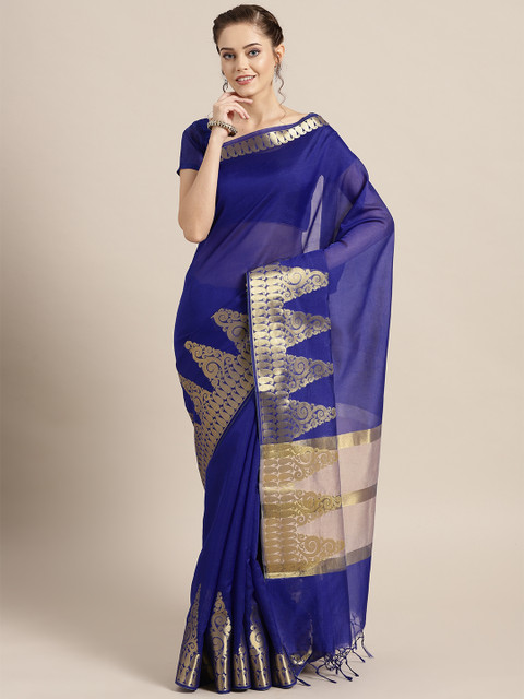 

Chhabra 555 Blue & Golden Solid Handloom Banarasi Saree