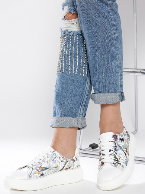 

CORSICA Women White & Silver-Toned Floral Print Flatform Sneakers