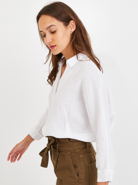 

promod Women White Solid LinenTop