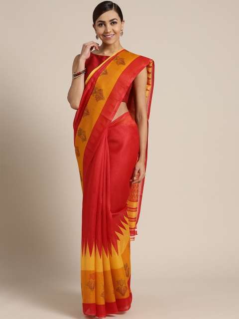 

Ishin Red & Mustard Yellow Solid Saree