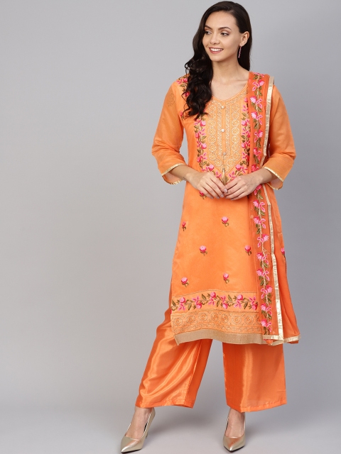 

Ishin Orange Embroidered Unstitched Dress Material