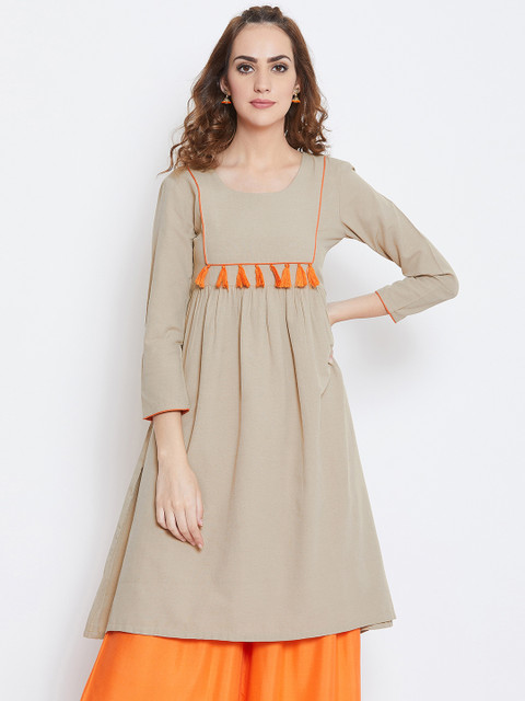 

AASK Women Beige & Orange Yoke Design A-Line Kurta