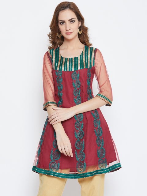 

AASK Women Maroon & Green Embroidered A-Line Kurti