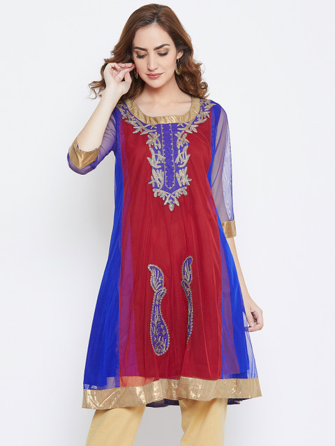 

AASK Women Maroon & Blue Embellished A-Line Kurta