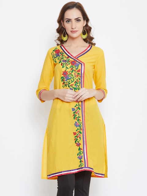 

AASK Women Yellow Embroidered A-Line Kurti