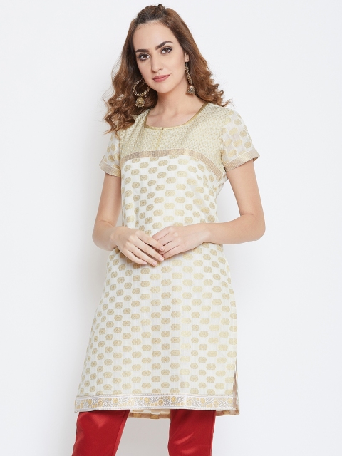 

AASK Women Beige & Gold-Toned Woven-Design Straight Kurti
