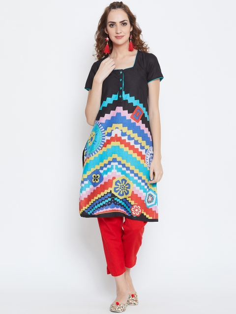 

AASK Women Multicoloured Printed Straight Kurta, Black