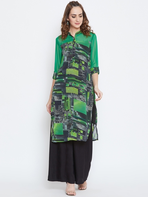 

AASK Women Green & Grey Printed Straight Kurta