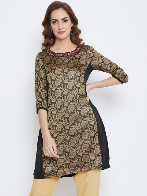 

AASK Women Black & Gold-Toned Woven-Design Straight Kurti