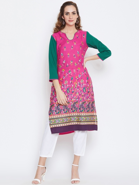 

AASK Women Pink & Green Printed Straight Kurta