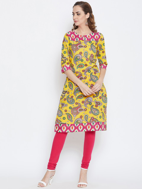 

AASK Women Yellow & Green Printed Straight Kurta