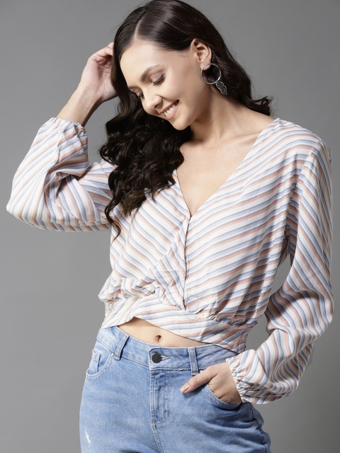 

HERE&NOW Women Off-White Striped Blouson Crop Top