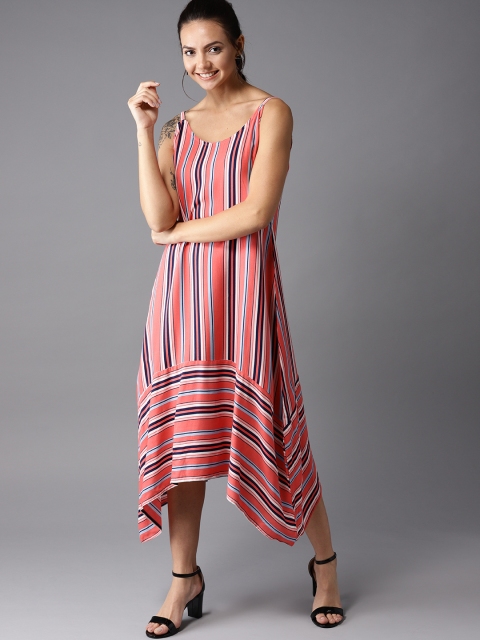 

HERE&NOW Women Coral Orange & Blue Candy Stripe A-Line Dress