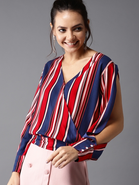 

HERE&NOW Women Red & Blue Striped Wrap Top