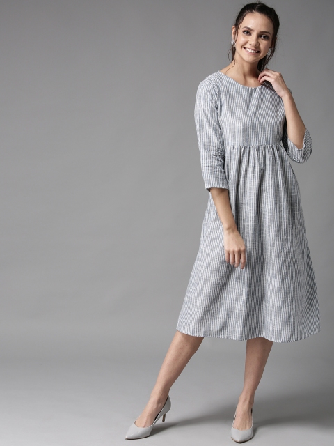 

HERE&NOW Women Blue & Off-White Striped A-Line Dress