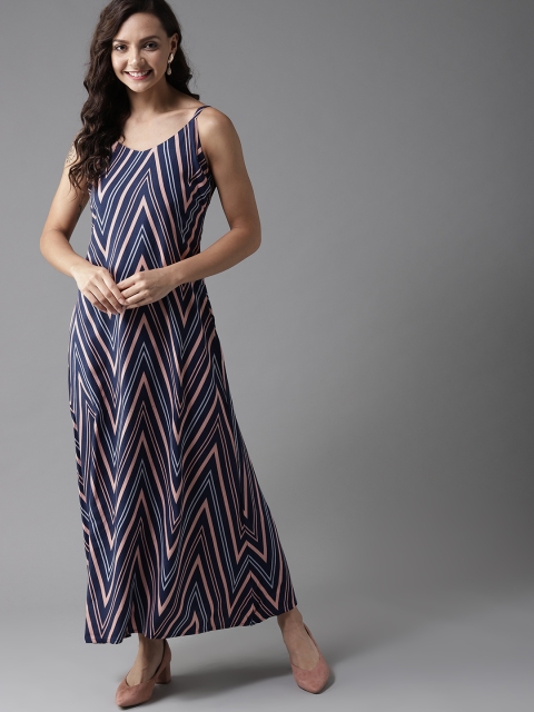 

HERE&NOW Women Navy Blue & Peach-Coloured Printed Maxi Dress