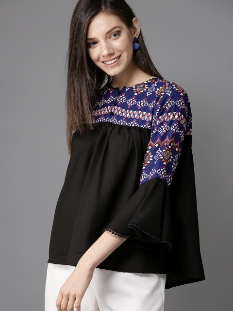

HERE&NOW Women Black & Blue Printed Detail A-Line Top