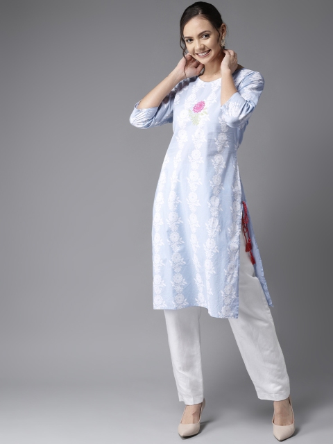 

HERE&NOW Women Blue & White Printed Straight Kurta