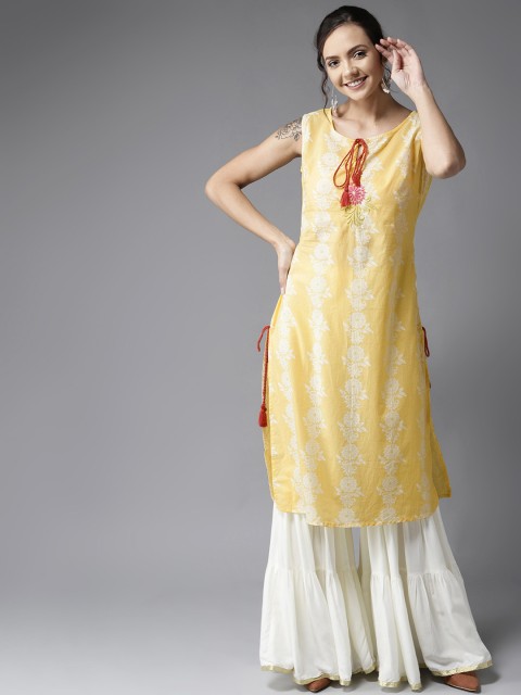 

HERE&NOW Women Yellow & White Floral Print Straight Kurta