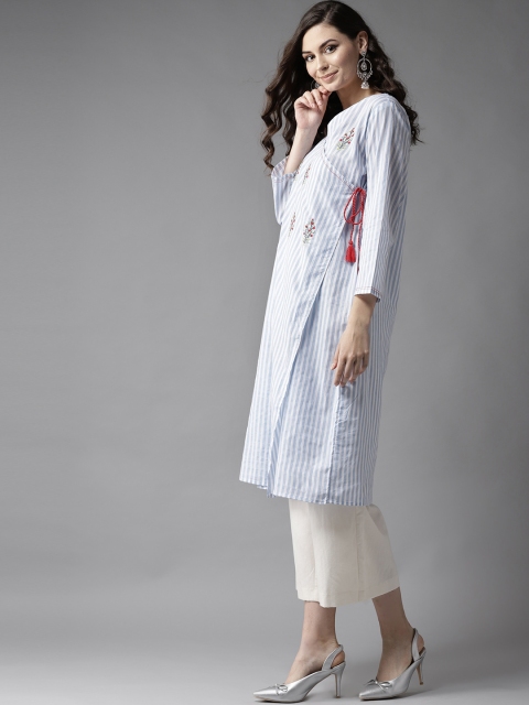 

HERE&NOW Women Blue & White Striped Straight Angrakha Kurta