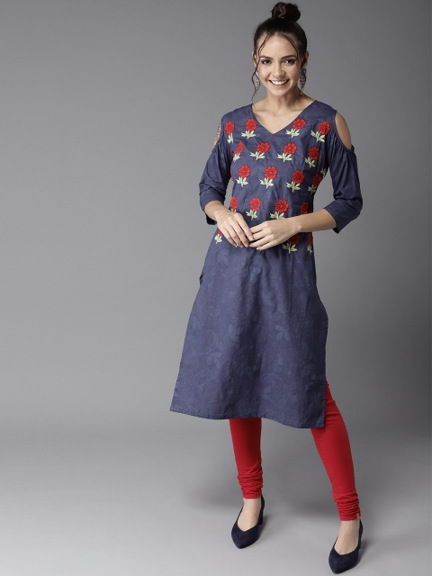 

HERE&NOW Women Purple & Red Floral Print Straight Cold-Shoulder Kurta