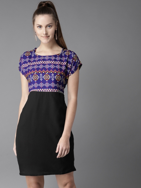 

HERE&NOW Women Black & Blue Printed Sheath Dress
