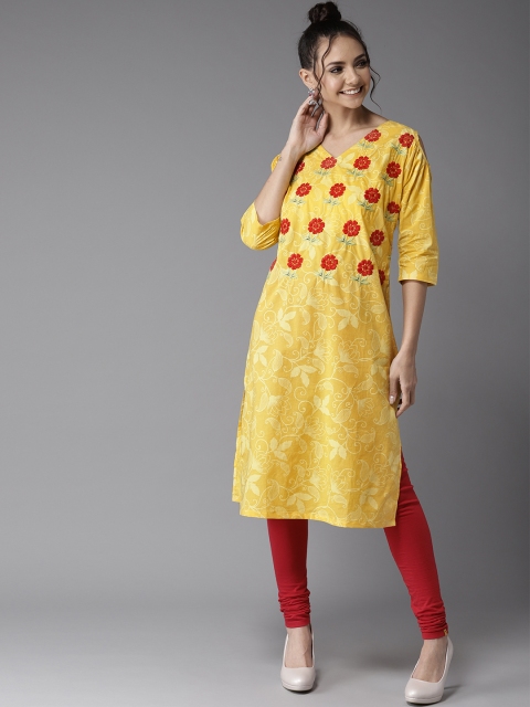 

HERE&NOW Women Yellow & Red Floral Printed Straight Cold-Shoulder Kurta
