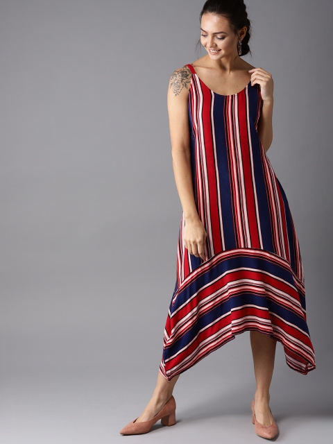 

HERE&NOW Women Red & Navy Blue Candy Striped A-Line Dress