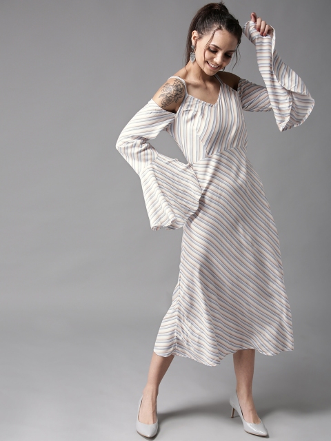 

HERE&NOW Women Off-White & Peach-Coloured Striped Cold-Shoulder A-Line Dress