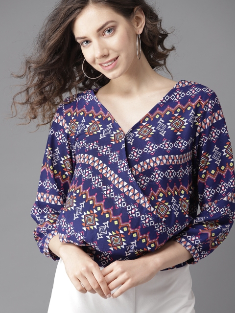 

HERE&NOW Women Blue & White Printed Wrap Top