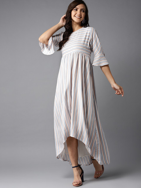 

HERE&NOW Women White & Blue Striped High-Low Maxi Dress