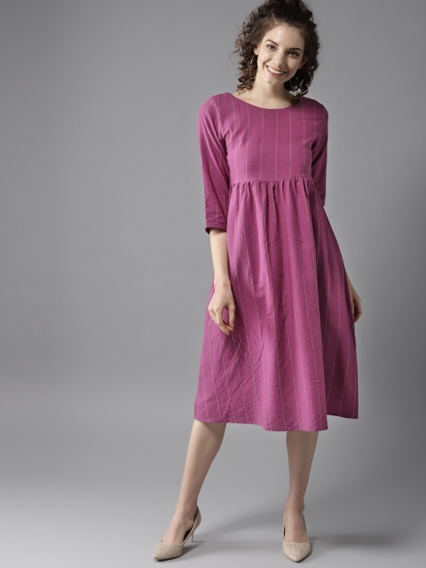 

HERE&NOW Women Purple Self-Striped A-Line Dress