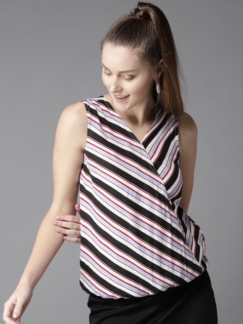 

HERE&NOW Women White & Black Striped Wrap Blouson Top