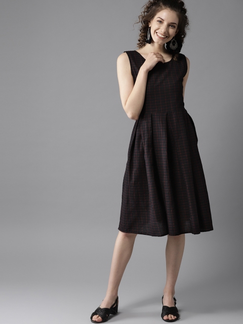 

HERE&NOW Women Black Checked A-Line Dress