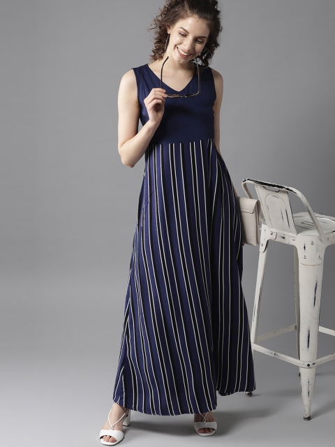 

HERE&NOW Women Navy Blue & Black Striped Maxi Dress