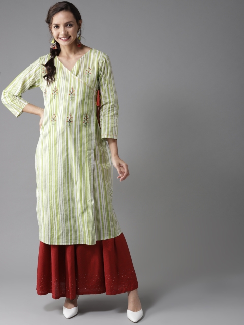

HERE&NOW Women Green & White Striped with Floral Detail Angrakha A-Line Kurta