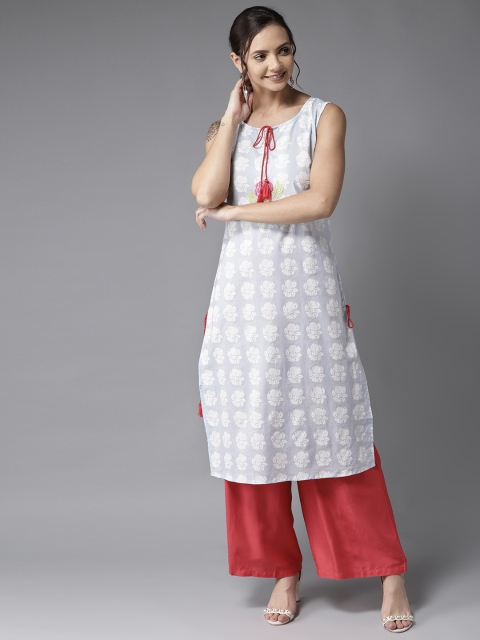 

HERE&NOW Women Blue & White Sleeveless Floral Print Straight Kurta